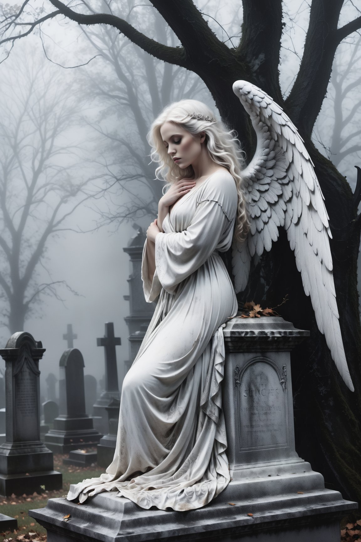 A hauntingly beautiful illustration: A White angel perches atop a weathered gravestone in a desolate cemetery, shrouded in thick fog that morphs into a ghostly aura. Dramatic lighting creates stark catchlights and shadows, highlighting the angel's pale skin, filigree, and Zentangle patterns, rendered in bold strokes against darkness. The angel's closed hands cradle her curvy figure, emphasizing her muscular physique. wearing a long White robe, Her White and black two-tone hair cascades down her back, framing a captivating close-up portrait.