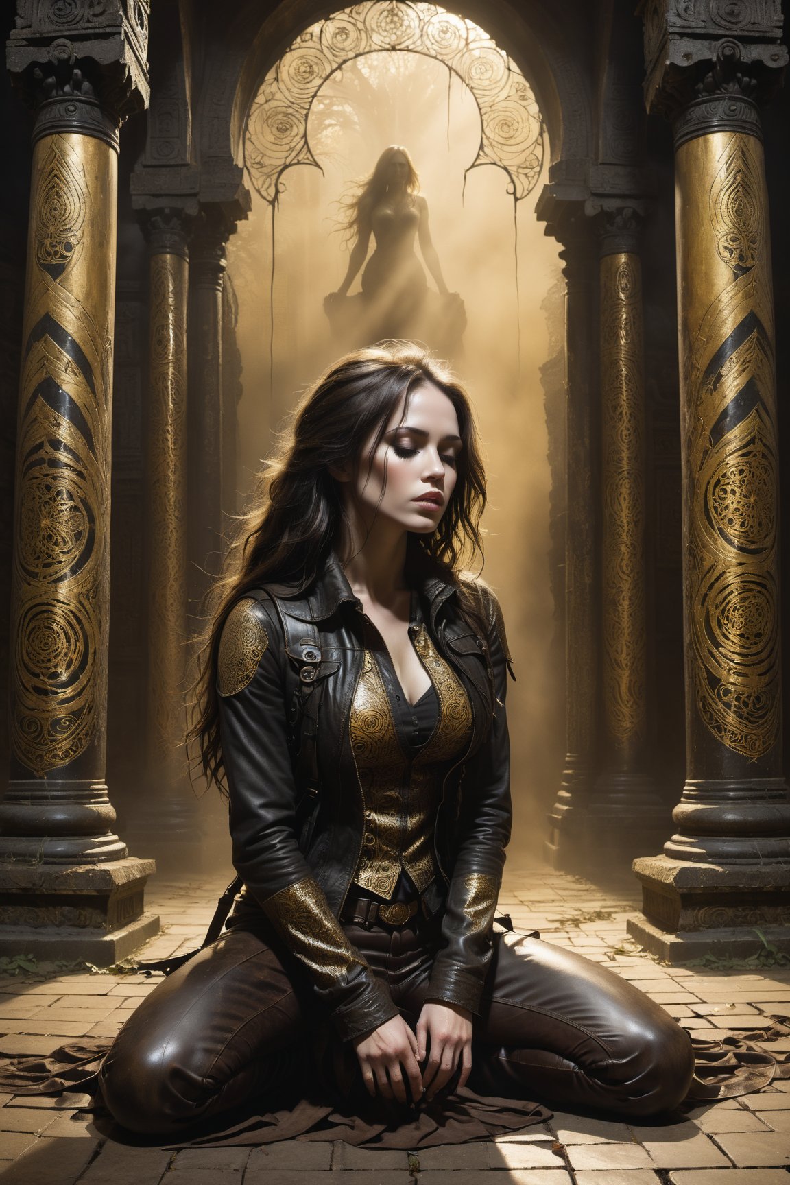 A hauntingly beautiful woman kneeling down on the ground with a backpack in front of her a pillar in a weathered creepy temple, shrouded in thick Golden-hued fog that morphs into an eerie aura. Her pale skin and Black very, very long hair contrast against the dark Brown leather pants, button down shirt,  Brown leather jacket with filigree and Zentangle patterns, punctuated by dripping oil textures. Her closed hands cradle her muscular figure, emphasizing her very muscular figure. The dramatic lighting creates stark catchlights and shadows, highlighting her haunting beauty amidst a desolate creepy temple backdrop bathed in Golden hues.