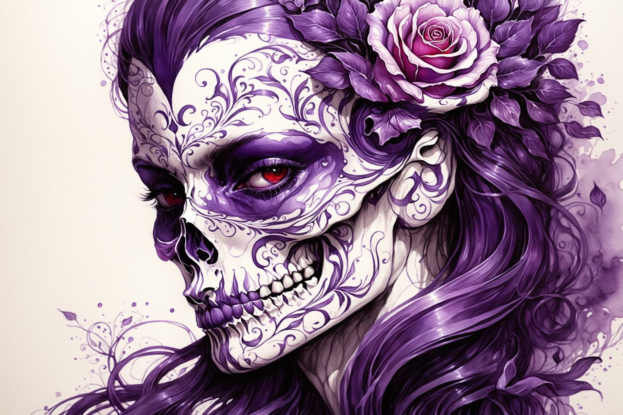 pencil Sketch of a beautiful purple ((skull)), portrait by Charles Miano, ink drawing, flowing intricate ink, designs, illustrative art, soft lighting, detailed, more Flowing rhythm, elegant, low contrast, add soft blur with thin line, full red lips, light lavender eyes, black clothes.