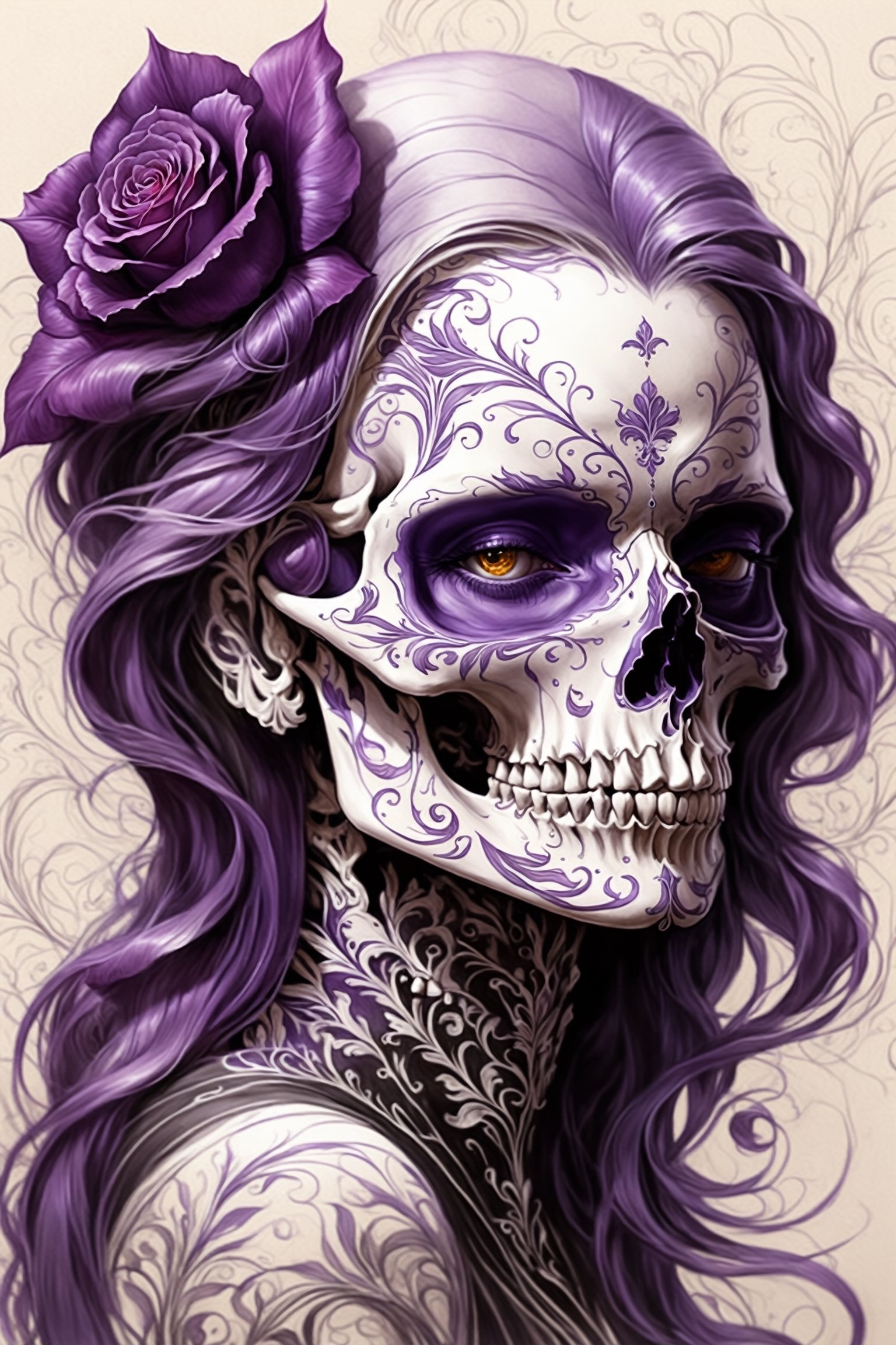 pencil Sketch of a beautiful purple ((skull)), portrait by Charles Miano, ink drawing, flowing intricate ink, designs, illustrative art, soft lighting, detailed, more Flowing rhythm, elegant, low contrast, add soft blur with thin line, full red lips, Amber eyes, black clothes.