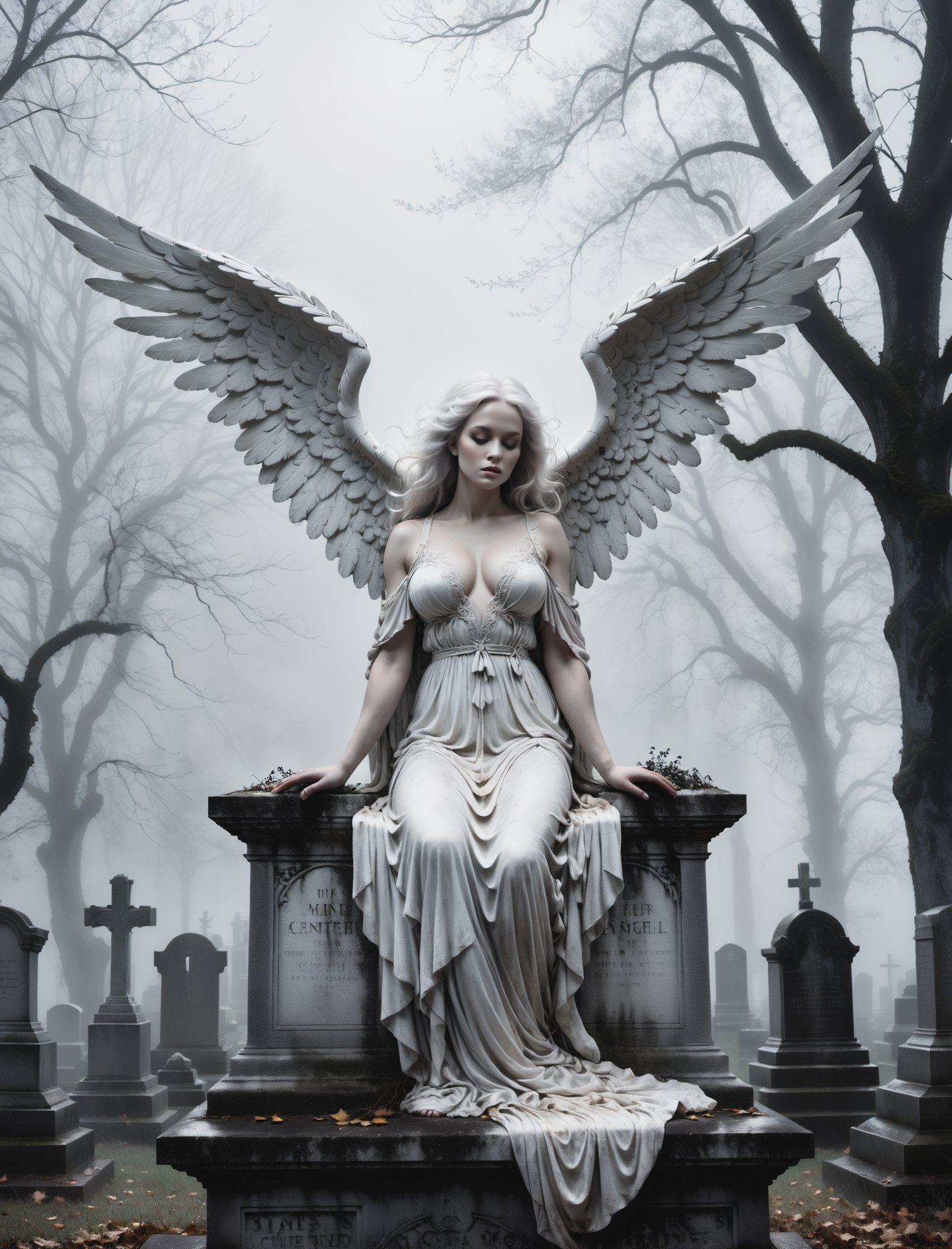 A hauntingly beautiful illustration: A White angel perches atop a weathered gravestone in a desolate cemetery, shrouded in thick fog that morphs into a ghostly aura. Dramatic lighting creates stark catchlights and shadows, highlighting the angel's pale skin, filigree, and Zentangle patterns, rendered in bold strokes against darkness. The angel's closed hands cradle her curvy figure, emphasizing her muscular physique. wearing a long White robe, Her White and black two-tone hair cascades down her back, framing a captivating close-up portrait.