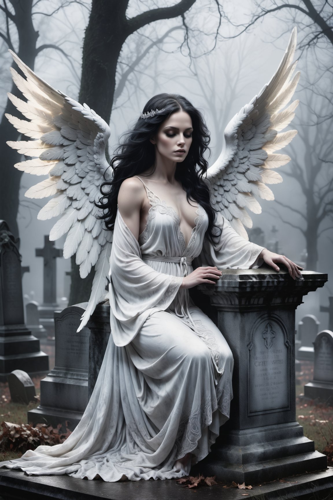 A hauntingly beautiful illustration: A White angel perches atop a weathered gravestone in a desolate cemetery, shrouded in thick fog that morphs into a ghostly aura. Dramatic lighting creates stark catchlights and shadows, highlighting the angel's pale skin, filigree, and Zentangle patterns, rendered in bold strokes against darkness. The angel's closed hands cradle her muscular figure, emphasizing muscular physique ,wearing a long White robe, Her White and black two-tone hair cascades down her back, framing a captivating close-up portrait.