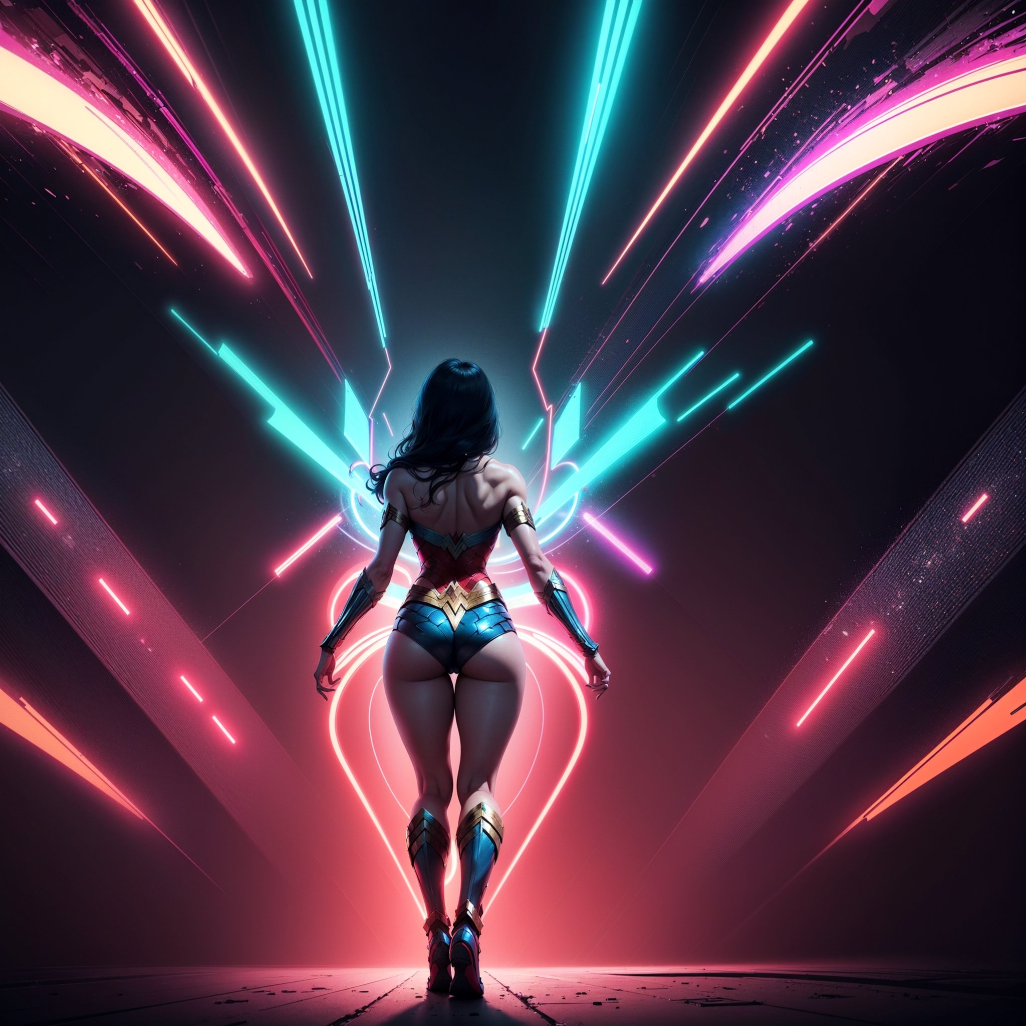 Wonder Woman (big tits),(( view from behind)), ((full body)),masterpiece, best quality, ((abstract, psychedelic, neon, background)),(creative:1.3), sy3, SMM, fantasy00d