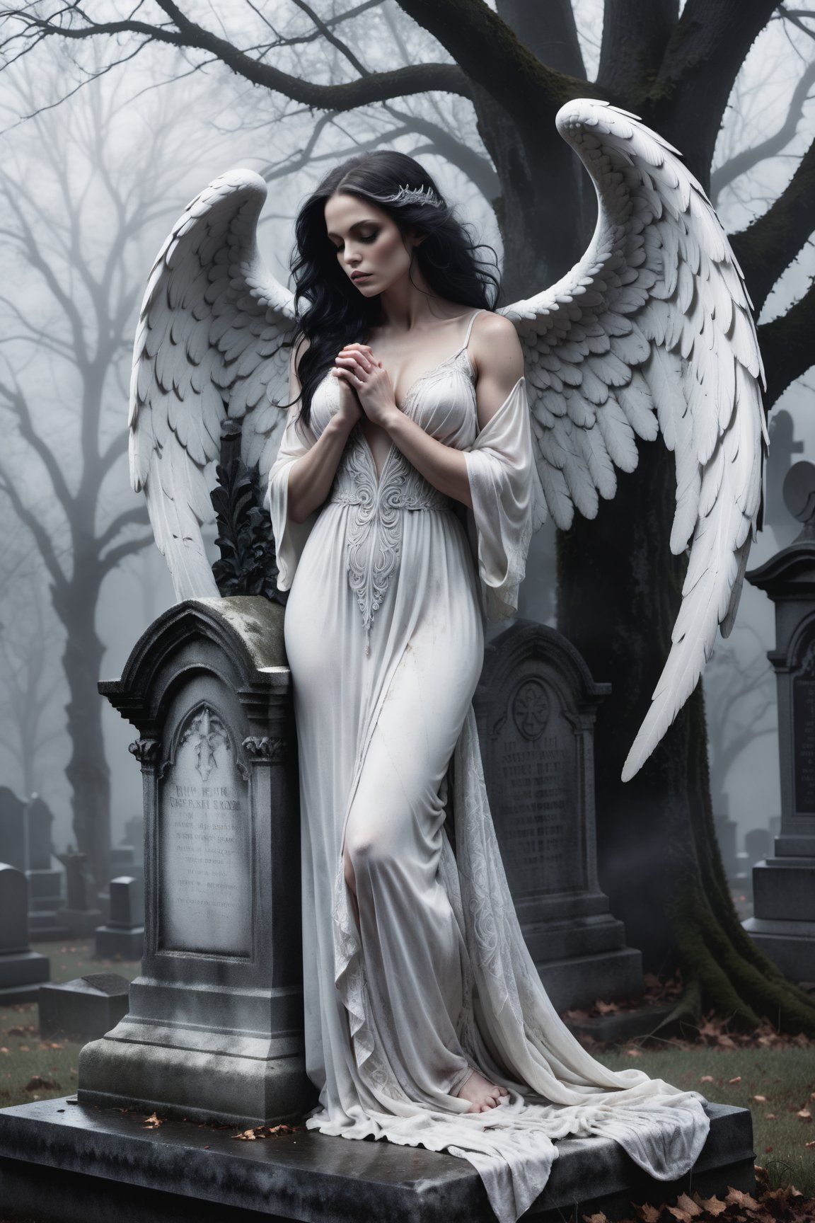 A hauntingly beautiful illustration: A White angel perches atop a weathered gravestone in a desolate cemetery, shrouded in thick fog that morphs into a ghostly aura. Dramatic lighting creates stark catchlights and shadows, highlighting the angel's pale skin, filigree, and Zentangle patterns, rendered in bold strokes against darkness. The angel's closed hands cradle her muscular figure, emphasizing muscular physique ,wearing a long White robe, Her White and black two-tone hair cascades down her back, framing a captivating close-up portrait.