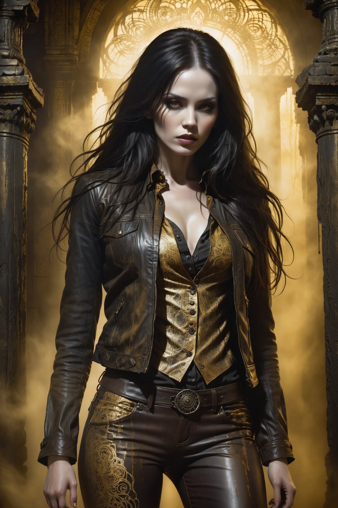 A hauntingly beautiful woman in a weathered creepy temple, shrouded in thick Golden-hued fog that morphs into an eerie aura. (Close-up of her face), Her pale skin and Black very, very long hair contrast against the dark Brown leather pants, button down shirt,  Brown leather jacket with filigree and Zentangle patterns, punctuated by dripping oil textures. Her closed hands cradle her muscular figure, emphasizing her very muscular figure. The dramatic lighting creates stark catchlights and shadows, highlighting her haunting beauty amidst a desolate creepy temple backdrop bathed in Golden hues.