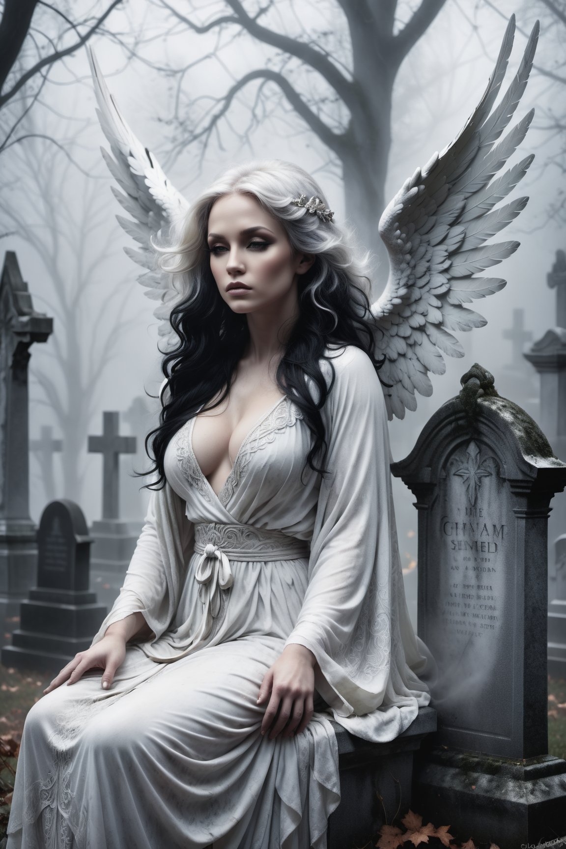 A hauntingly beautiful illustration: A White angel perches atop a weathered gravestone in a desolate cemetery, shrouded in thick fog that morphs into a ghostly aura. Dramatic lighting creates stark catchlights and shadows, highlighting the angel's pale skin, filigree, and Zentangle patterns, rendered in bold strokes against darkness. The angel's closed hands cradle her curvy figure, emphasizing her muscular physique. wearing a long White robe, Her White and black two-tone hair cascades down her back, framing a captivating close-up portrait.