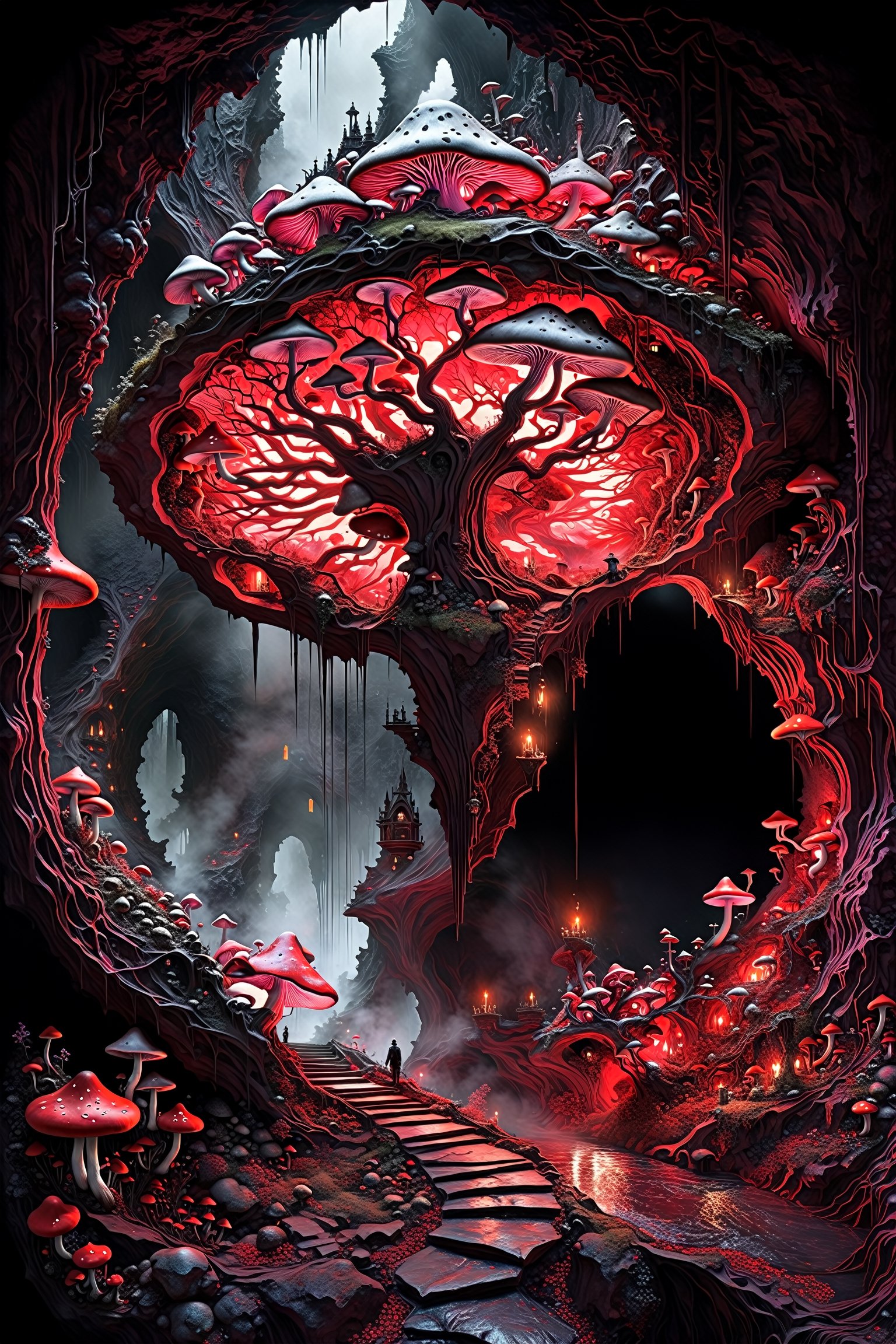 Ultra-wide-angle,  photorealistic medieval gothic steam punk shot of an exciting fusion between Spawn and ((A spiderweb an...