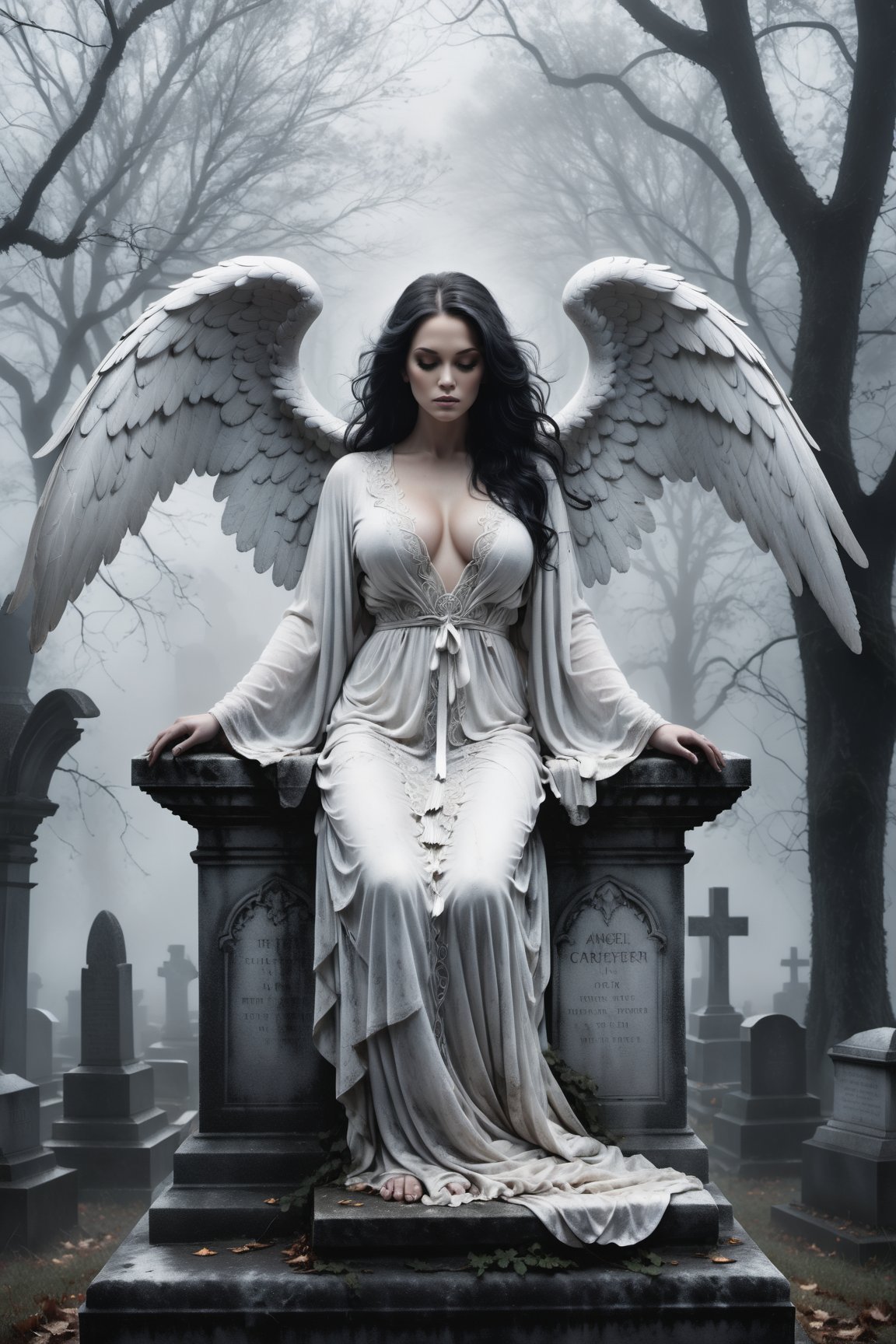 A hauntingly beautiful illustration: A White angel perches atop a weathered gravestone in a desolate cemetery, shrouded in thick fog that morphs into a ghostly aura. Dramatic lighting creates stark catchlights and shadows, highlighting the angel's pale skin, filigree, and Zentangle patterns, rendered in bold strokes against darkness. The angel's closed hands cradle her curvy figure, emphasizing her muscular physique. wearing a long White robe, Her White and black two-tone hair cascades down her back, framing a captivating close-up portrait.