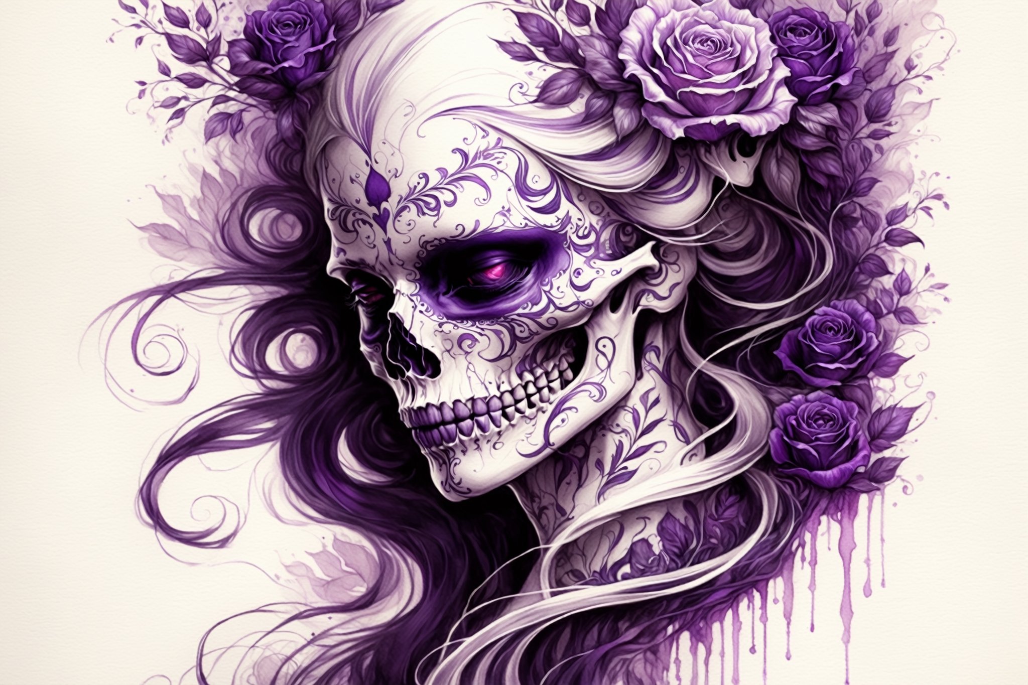 pencil Sketch of a beautiful purple ((skull)), portrait by Charles Miano, ink drawing, flowing intricate ink, designs, illustrative art, soft lighting, detailed, more Flowing rhythm, elegant, low contrast, add soft blur with thin line, full red lips, light lavender eyes, black clothes.