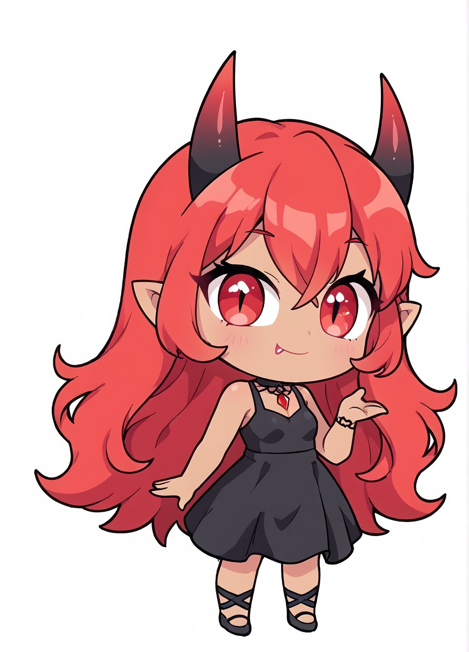 Woman, demon girl, cute face, dark skin, red long hair, red eyes, sexy demon girl, black_dress,possmach,chibi, chibi style