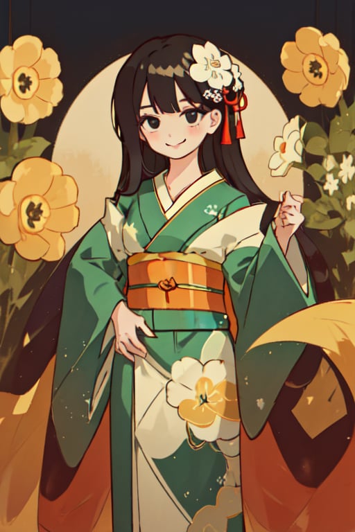 1 girl, solo, long hair, smile, black hair, hair ornament, flower, detached sleeves, japanese clothes, hair flower, kimono, black eyes,Sayo