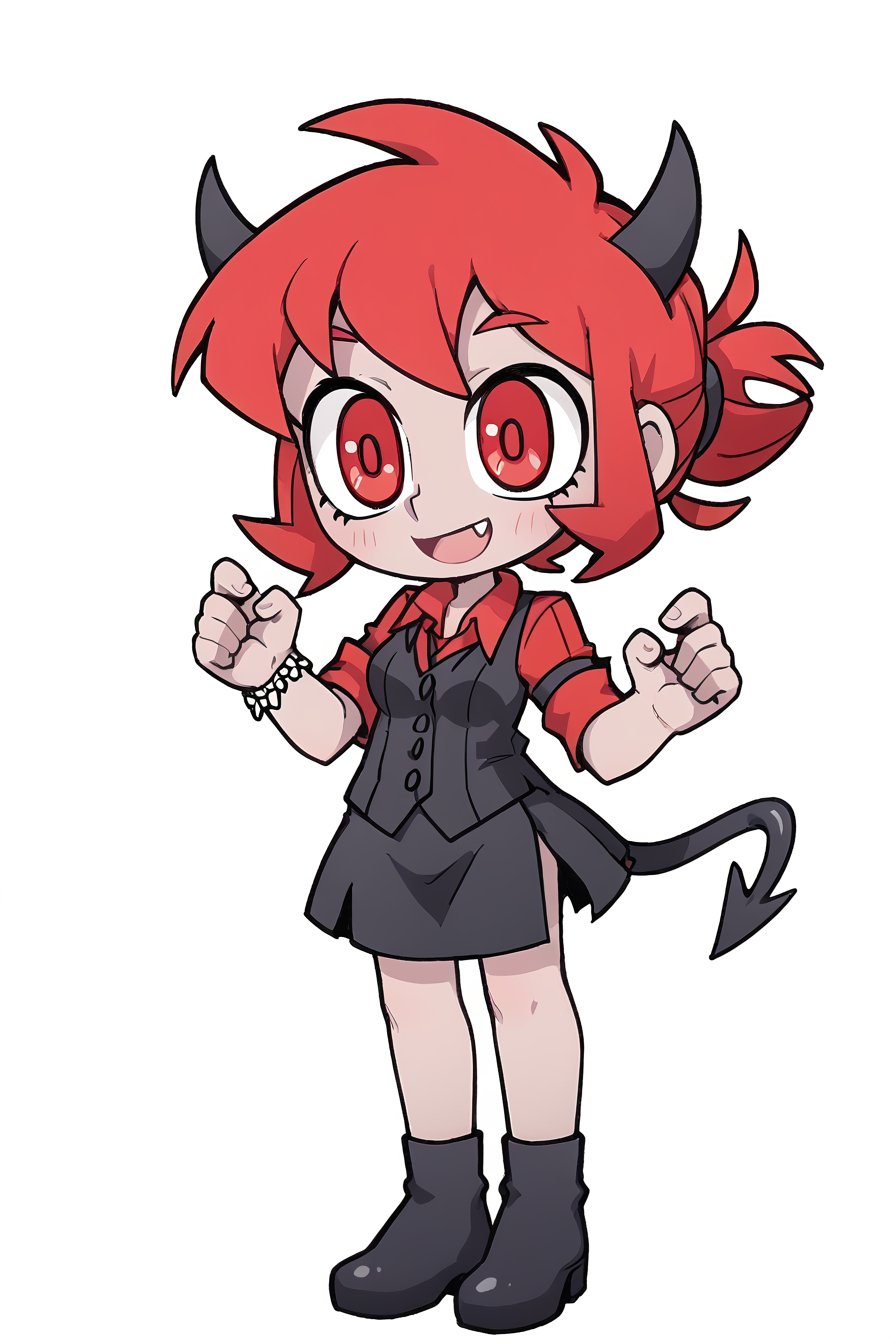 Woman, demon girl, cute face, dark skin, red hair, red eyes, sexy demon girl, black_dress,possmach,Helltaker style, full body