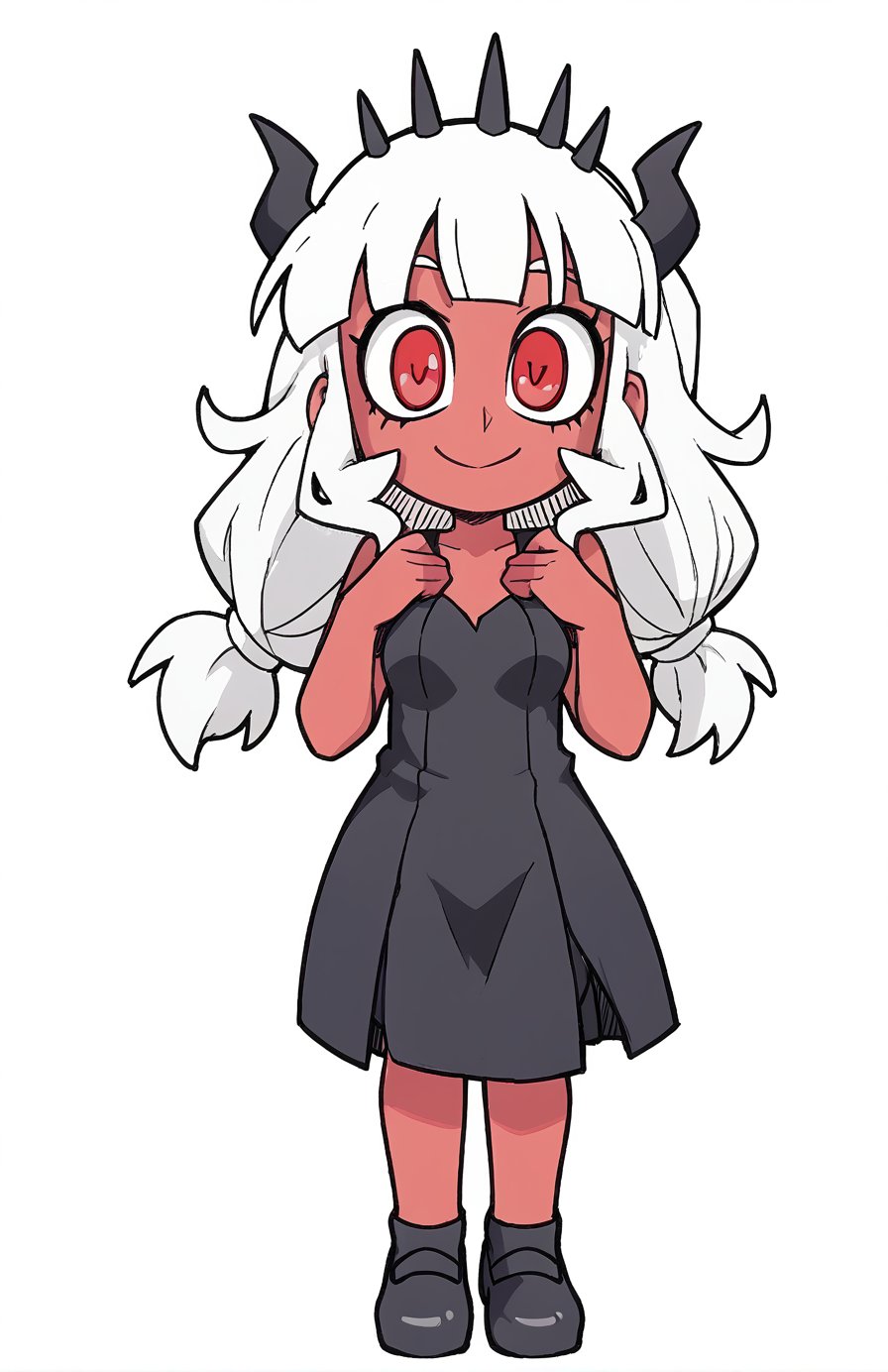 Woman, demon girl, cute face, dark skin, red long hair, red eyes, sexy demon girl, black_dress,possmach,Helltaker style, full body