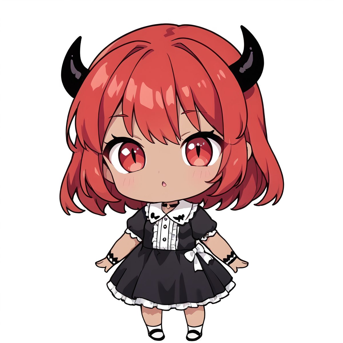 Woman, demon girl, cute face, dark skin, red hair, red eyes, sexy demon girl, black_dress,possmach,chibi, chibi style