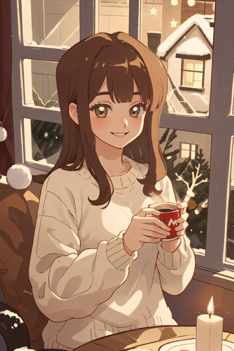 1Girl, brown hair, in a white sweater, (smiles) red cup of tea in her hands ((winter outside the window)), (Christmas), [candles] night, warm lighting