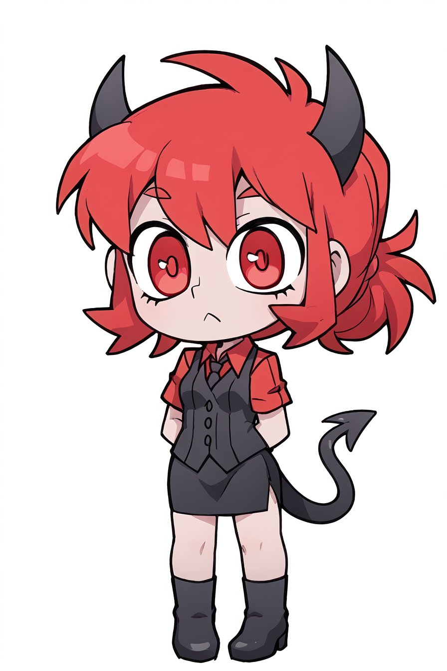 Woman, demon girl, cute face, dark skin, red hair, red eyes, sexy demon girl, black_dress,possmach,Helltaker style, full body, chibi style