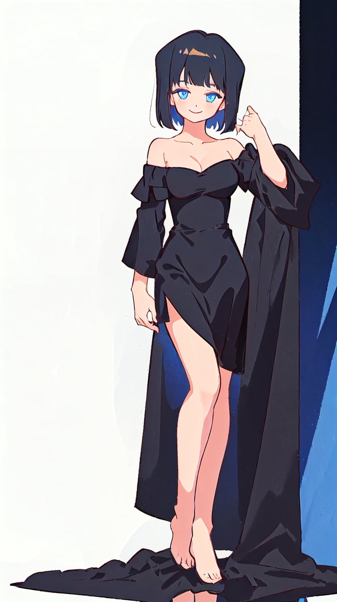 1girl, solo, short hair, breasts, smile, bangs, simple_background, withe_background, dress, bare shoulders, medium breasts, standing, full_body, blue_eyes, black_hair, off shoulder, black short dress, Unun_girl 