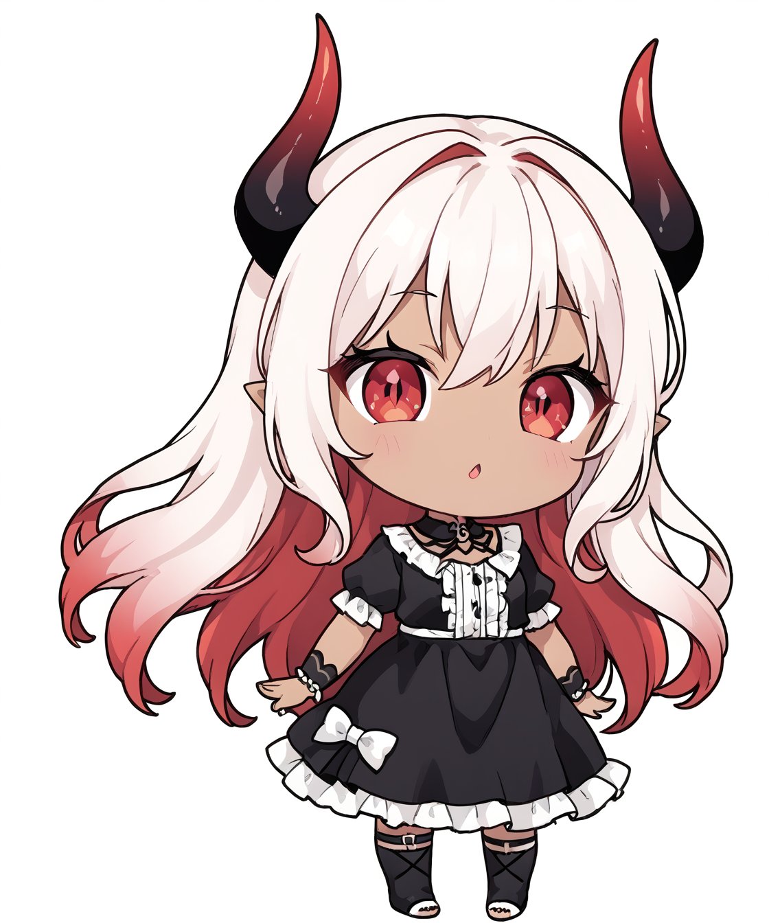 Woman, demon girl, cute face, dark skin, red long hair, red eyes, sexy demon girl, black_dress,possmach,chibi, chibi style