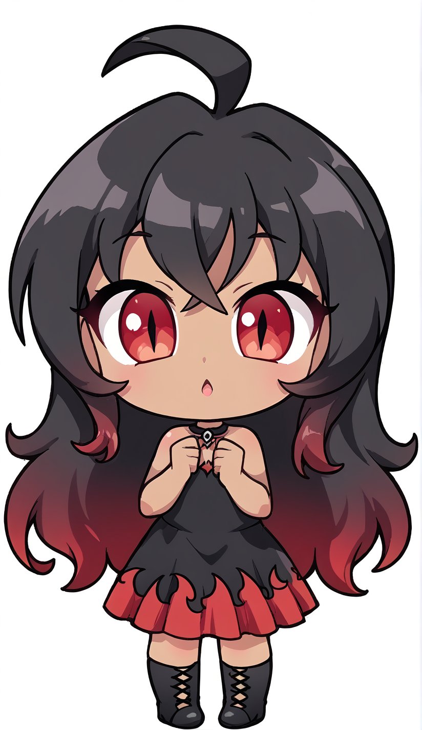 Woman, demon girl, cute face, dark skin, red long hair, red eyes, sexy demon girl, black_dress,possmach,chibi, chibi style