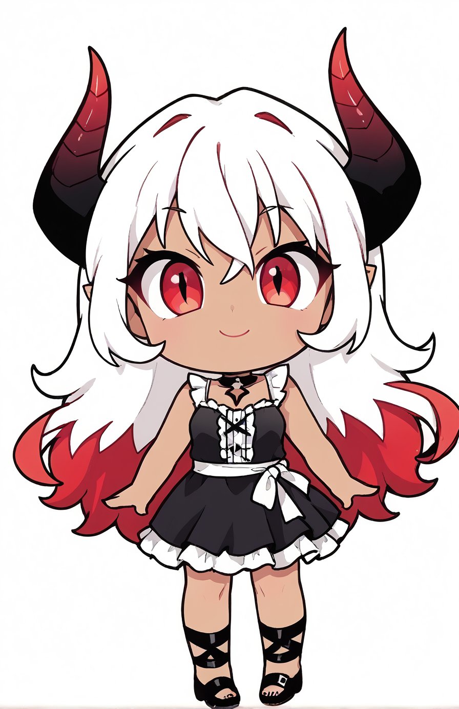 Woman, demon girl, cute face, dark skin, red long hair, red eyes, sexy demon girl, black_dress,possmach,chibi, chibi style