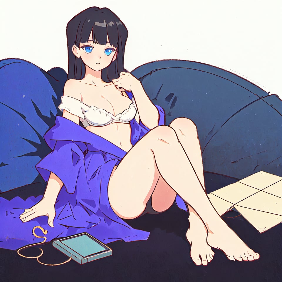 1girl, solo, long hair, breasts, detalled face, simple_background, withe_background, black_short, medium breasts, blue_eyes, black_hair, withe top, bare_foot, off shoulder, Unun_girl 
