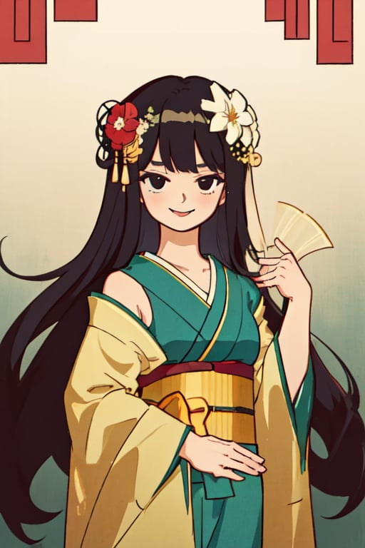 1 girl, solo, long hair, smile, black hair, hair ornament, flower, detached sleeves, japanese clothes, hair flower, kimono, black eyes,Sayo