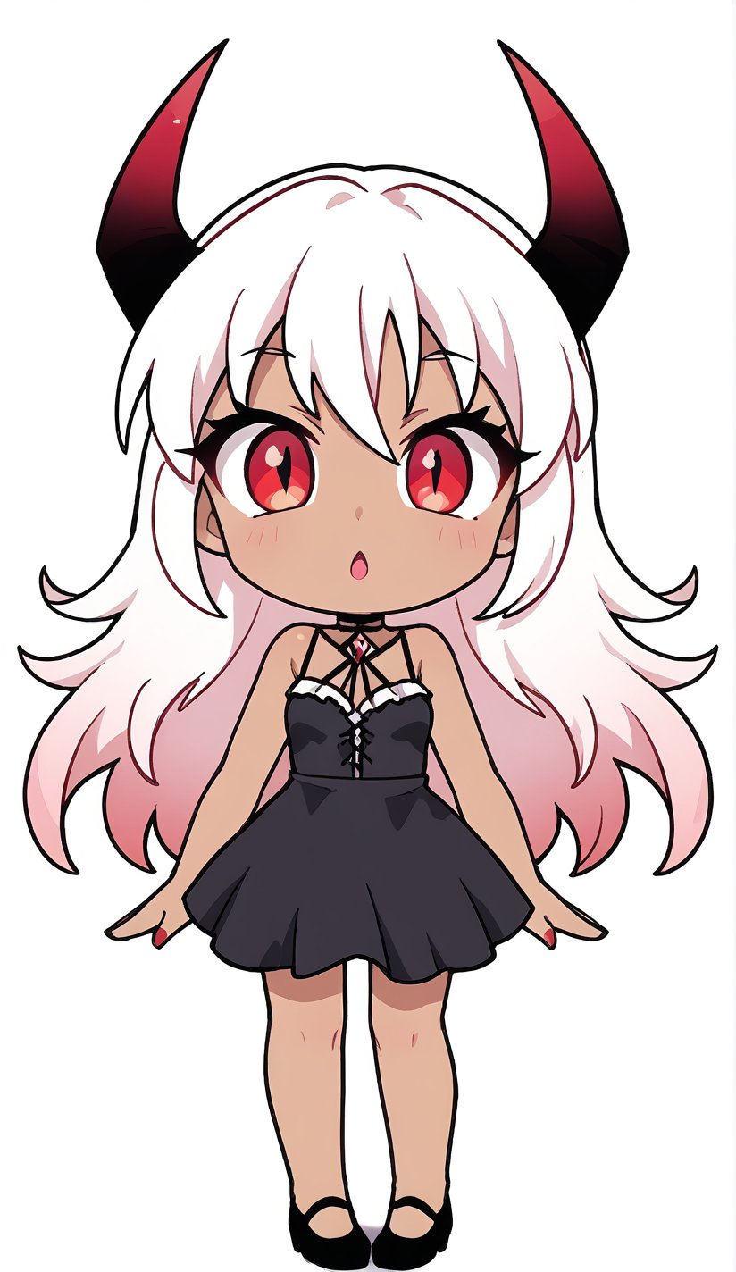 Woman, demon girl, cute face, dark skin, red long hair, red eyes, sexy demon girl, black_dress,possmach,chibi, chibi style