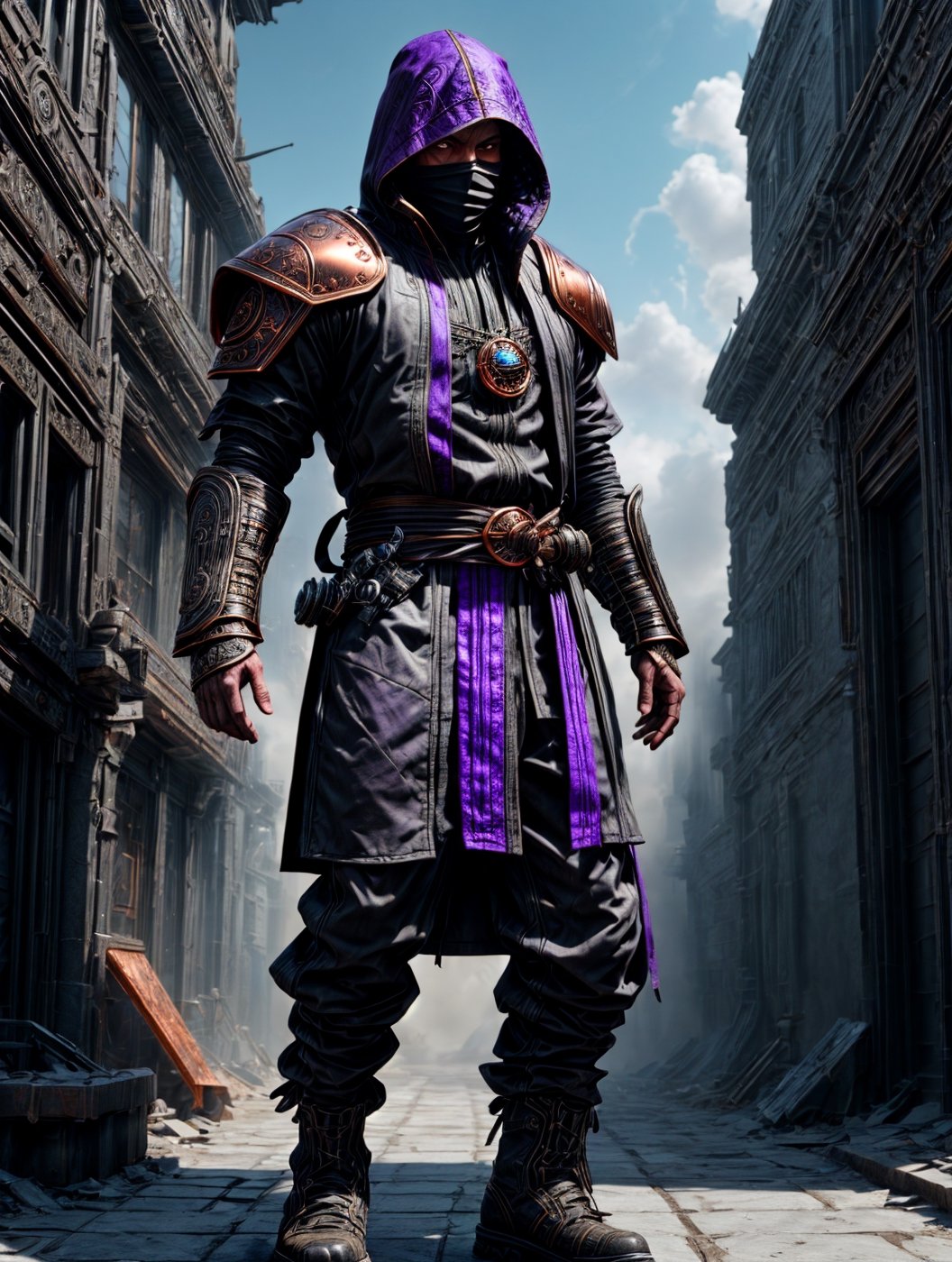 Render an image of a man. 

He has a serious expression that eminates wisdom and holds an awareness of what is happening around him.

He wears a hooded ninja style jacket and face guard, copper colored gauntlets on his hands and forearms, utlity pants and boots.
The garb he wears has streaks of purple designs throughout it. 

solo, 8k resolution photorealistic masterpiece, intricately detailed, cinematic lighting, 8k resolution concept art intricately detailed, complex, expansive, fantastical, DonMM4ch1n3W0rld ,DonMR3mn4nts ,wowdk,weapon