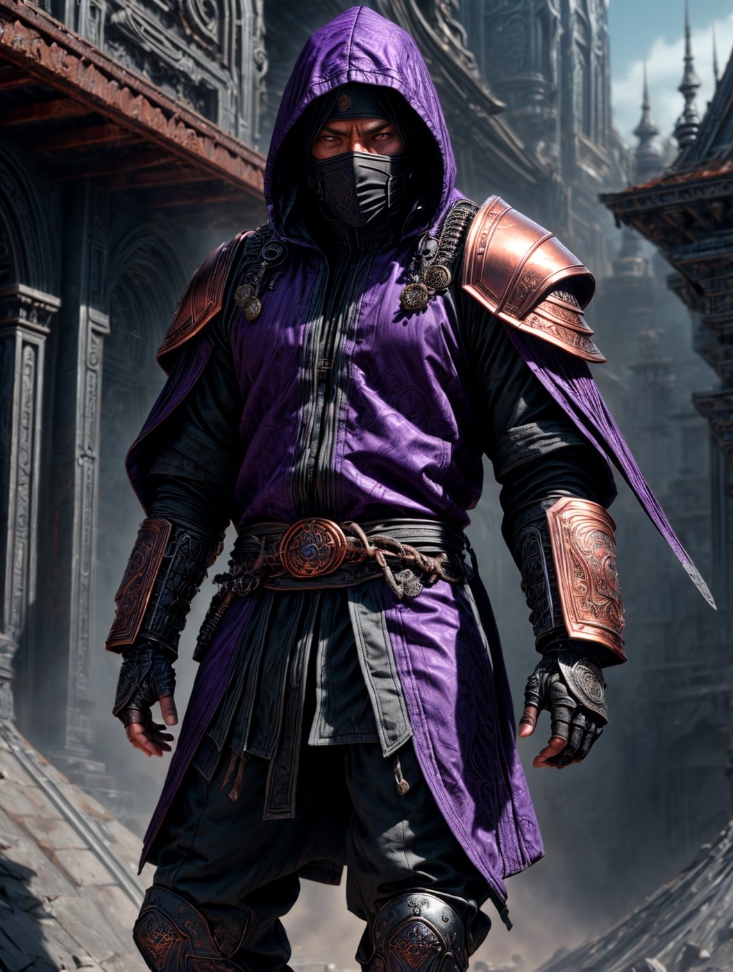 Render an image of a man. 

He has a serious expression that eminates wisdom and holds an awareness of what is happening around him.

He wears a hooded ninja style jacket and face guard, copper colored gauntlets on his hands and forearms, utlity pants and boots.
The garb he wears has streaks of purple designs throughout it. 

solo, 8k resolution photorealistic masterpiece, intricately detailed, cinematic lighting, 8k resolution concept art intricately detailed, complex, expansive, fantastical, DonMM4ch1n3W0rld ,DonMR3mn4nts ,wowdk,weapon