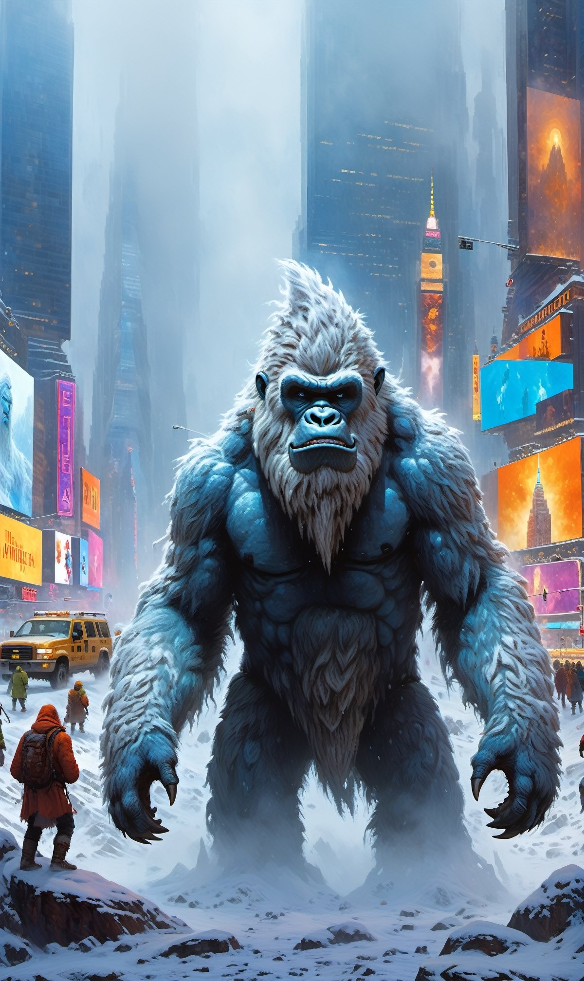 A mysterious Yeti emerges from a misty portal into Times Square New York. Another land can be seen through the portal, one of mountains and snow.
The Yeti walks through the portal into a modern city filled with people and lights creating a sense of adventure. 

 Masterpiece, best quality,Highlydetailed,EpicArt,effect,more detail XL, magic, elemental, ,painting by jakub rozalski