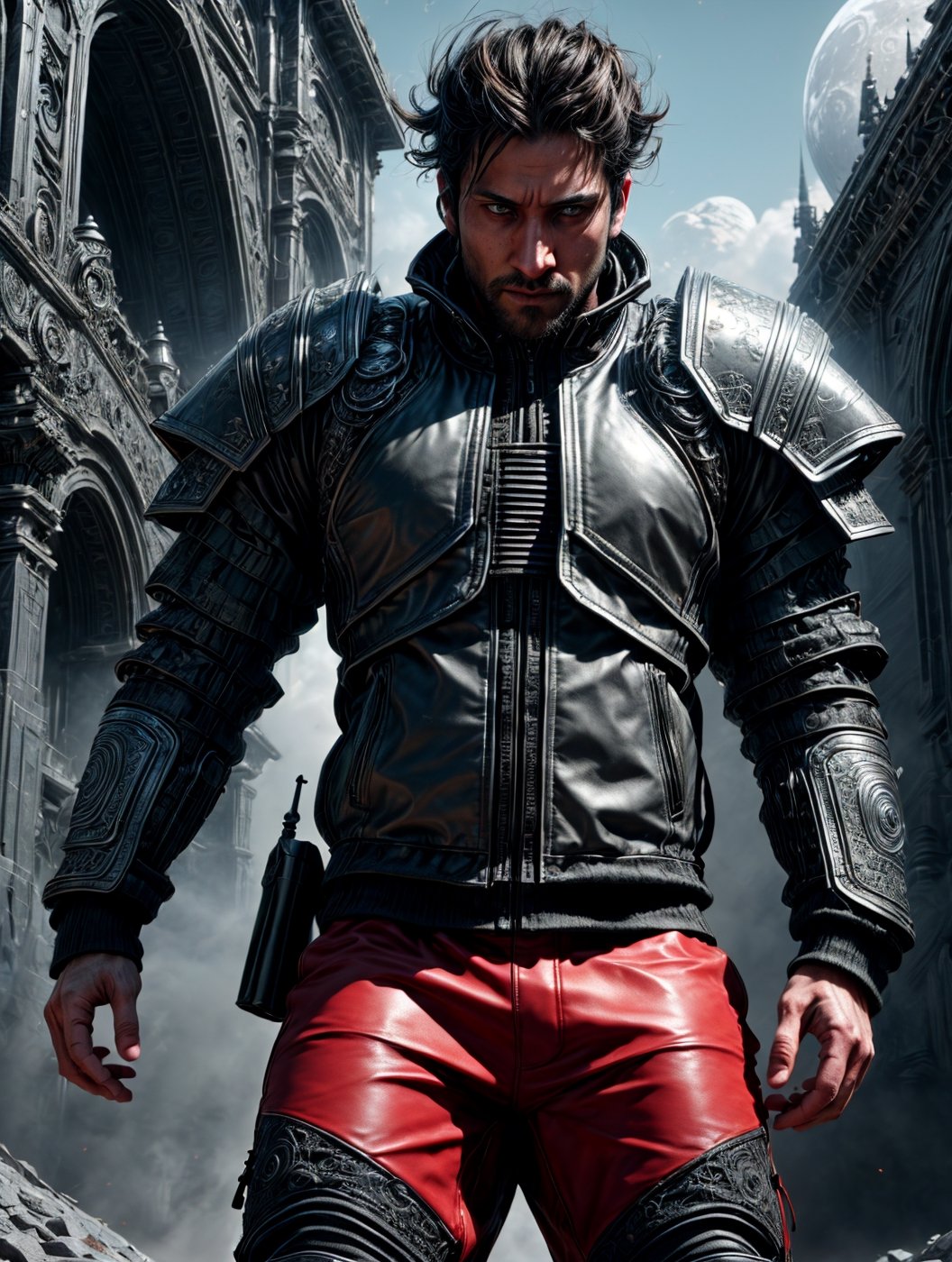 Render an image of a 30 year old man. 

He has a serious expression that eminates wisdom and holds an awareness of what is happening around him.

He wears a lightly armored compression shirt with intricaly lit designs on it. He wears a red and black leather jacket, utlity pants and boots. He has short but messy hair. 

solo, 8k resolution photorealistic masterpiece, intricately detailed, cinematic lighting, 8k resolution concept art intricately detailed, complex, expansive, fantastical, sitting moon,DonMM4ch1n3W0rld ,DonMR3mn4nts ,wowdk,weapon