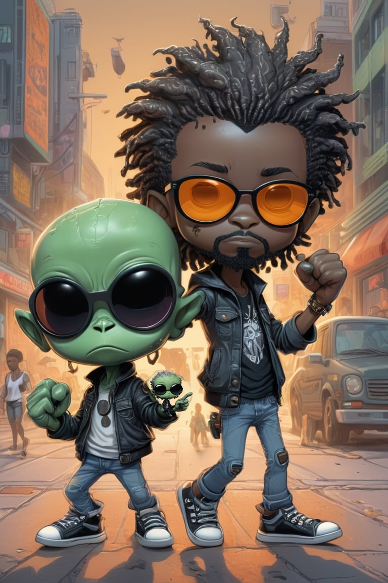 A black man with a beard and gray dread locks fist bumps a humanoid chibi alien as they walk by eachother. The black man w...