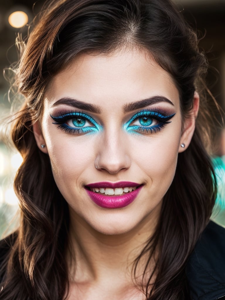 ((HDR)), Extremely Realistic, perfect teeth, a mexican model, 23y.o. ,  ((eyelashes)), colored lips, smile, braids, bangs,  aqua_hair,  ((smokey eyes)), (emo make_up), night glowy street , photo of perfecteyes eyes,