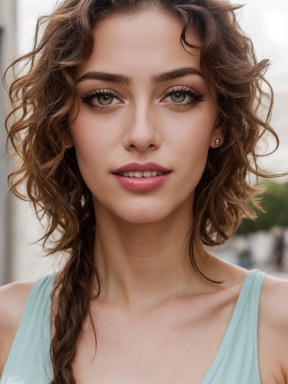 ((HDR)), Extremely Realistic, hyper realistic, Give me a photo of a italian supermodel, 23y.o. , wearing a green mini dress, ((eyelashes)), red lips, smile, braided curly pink_hair, chubby, smokey eyes, make_up, street chaos, ,photo of perfecteyes eyes, bust_portrait