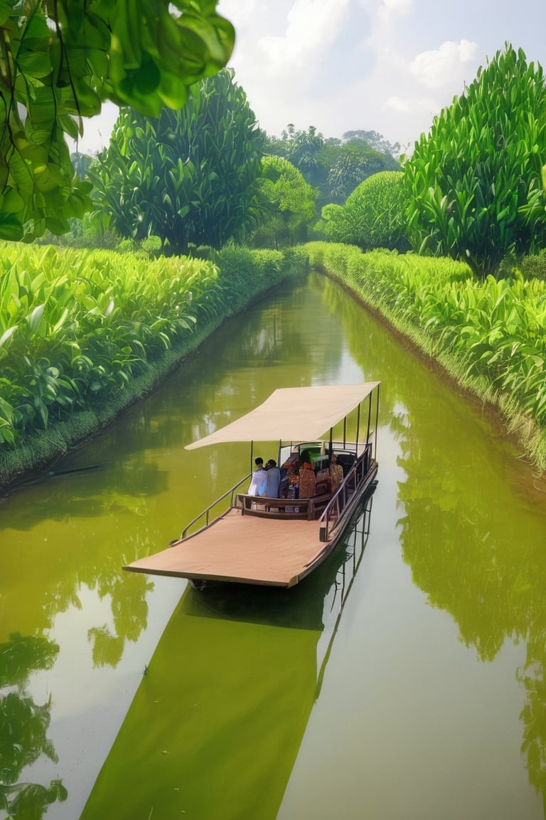 A water tourism location for a river cruise with a background of salak orchards, located in Yogyakarta, Indonesia. The location should be easily accessible and offer a variety of activities, such as boating, swimming, and hiking. The river should be clean and clear, and the salak orchards should be lush and green.