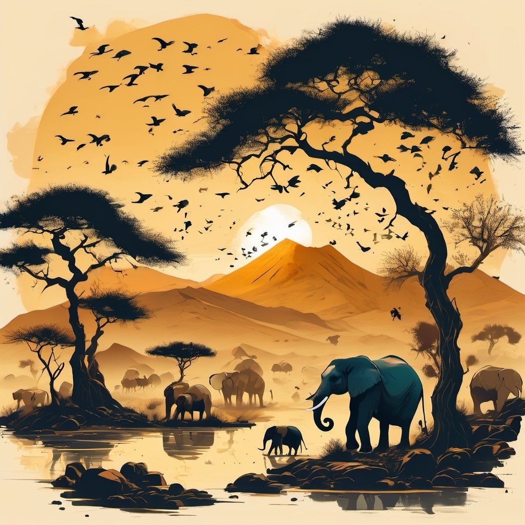 ink scenery, tree, scenery, architecture, mountain, bird, east asian architecture, sun,golden theme, muted color, ink art , A photo of a flock of ababil birds dropping flaming clay stones from their mouths onto a herd of elephants in a desert valley at sunset, taken with a DSLR camera with a telephoto lens, natural lighting, and a dramatic style.