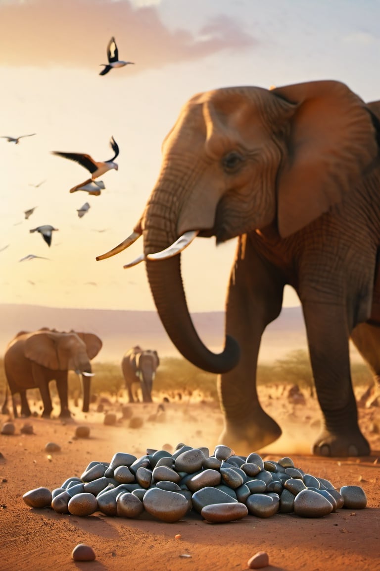 Best quality,masterpiece,ultra high res,booth,still life, detail background, A photo of a flock of birds dropping stones from their mouths onto a herd of elephants in a desert valley at sunset, taken with a DSLR camera with a telephoto lens, natural lighting, and a documentary style.