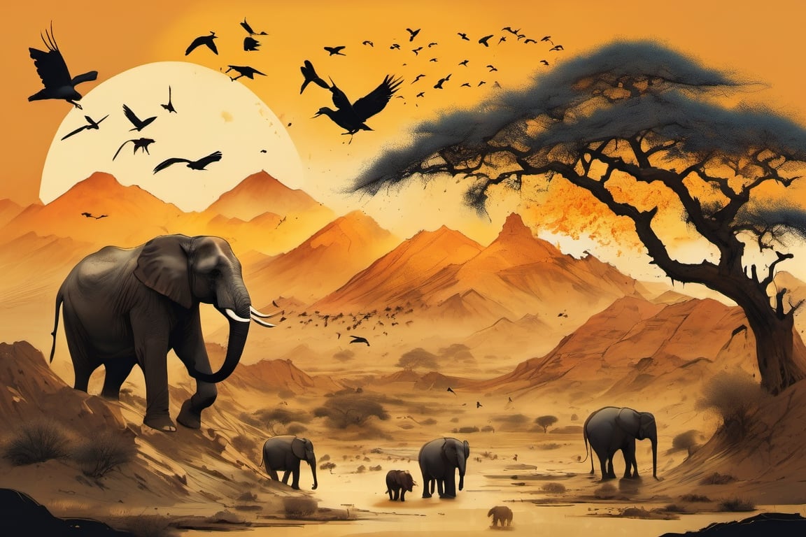 ink scenery, tree, scenery, architecture, mountain, bird, east asian architecture, sun,golden theme, muted color, ink art , A photo of a flock of ababil birds dropping flaming clay stones from their mouths onto a herd of elephants in a desert valley at sunset, taken with a DSLR camera with a telephoto lens, natural lighting, and a dramatic style.