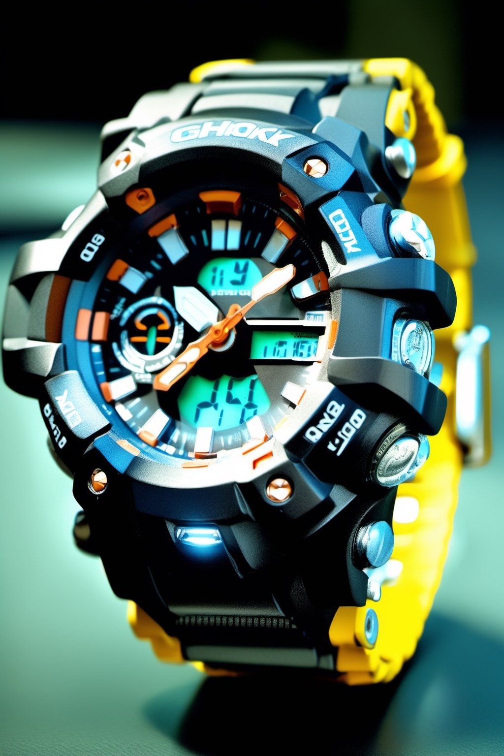 Sport watches, manly, product design, digital dial, gshock style, black dof, perspective, hyper realistic photo, ultra hd, based casio ae1100,