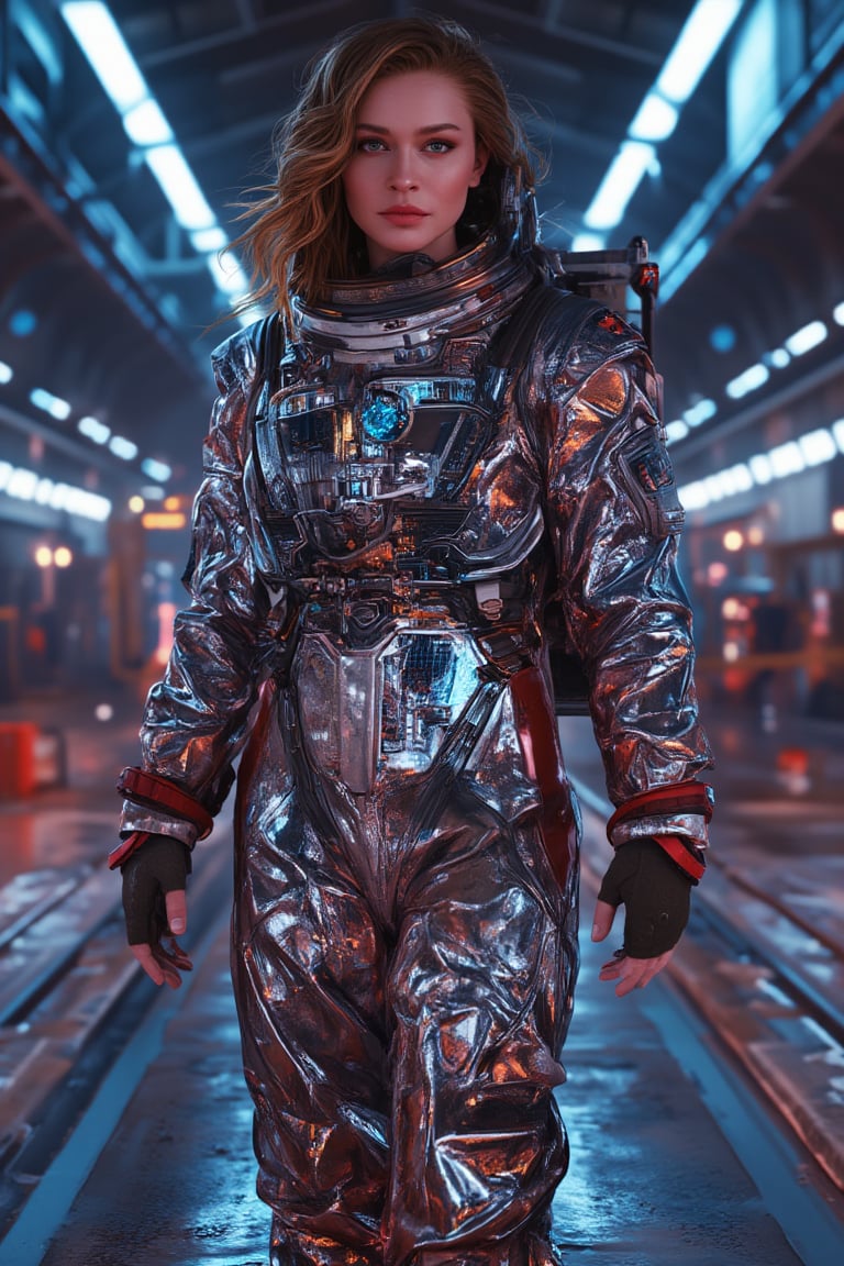 A Movieposter of a beautiful girl dressed as a tight full body shiny space suit. In the background is a futuristic retro space rocket in a hangar ,heroic art,stunning,vibrant,8k resolution,Artgerm,hyper detailed dynamic lighting intrinsically detailed Splash art trending on Artstation triadic colours volumetric lighting,retro rocket,sci fi,photorealistic,cinematic,Yulia Peresild 1.1 FLUX.1,xRottx-gta-Style