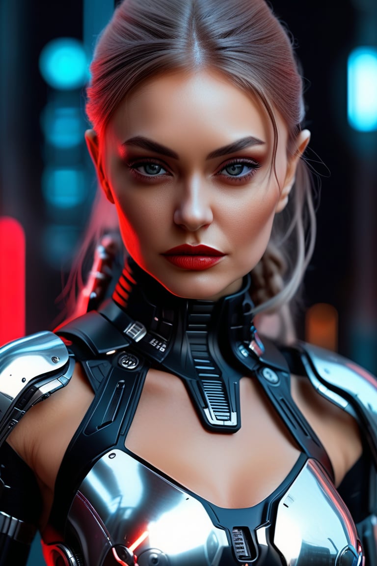 ((Full body photo)), (A beautiful 35 year old Russian girl: alexandramaslakova , as a Russian princess with futuristic Cyberpunk style and elite probe armour from (Star Wars), red and silver colour), (elegant photo, background of a future Russian city with skyscrapers, Elegant costume slightly inspired by the futuristic Imperial Stormtrooper armour from Star Wars, on a busy and elegant avenue, professional photo taken with Canon EOS R5, photorealistic, sharp 8k, (neon lighting and volumetric lights on his face and body), photorealistic scene, (ambient neon lighting) , (no helmet on his head) cyborg style,Ninja,alexandramaslakova