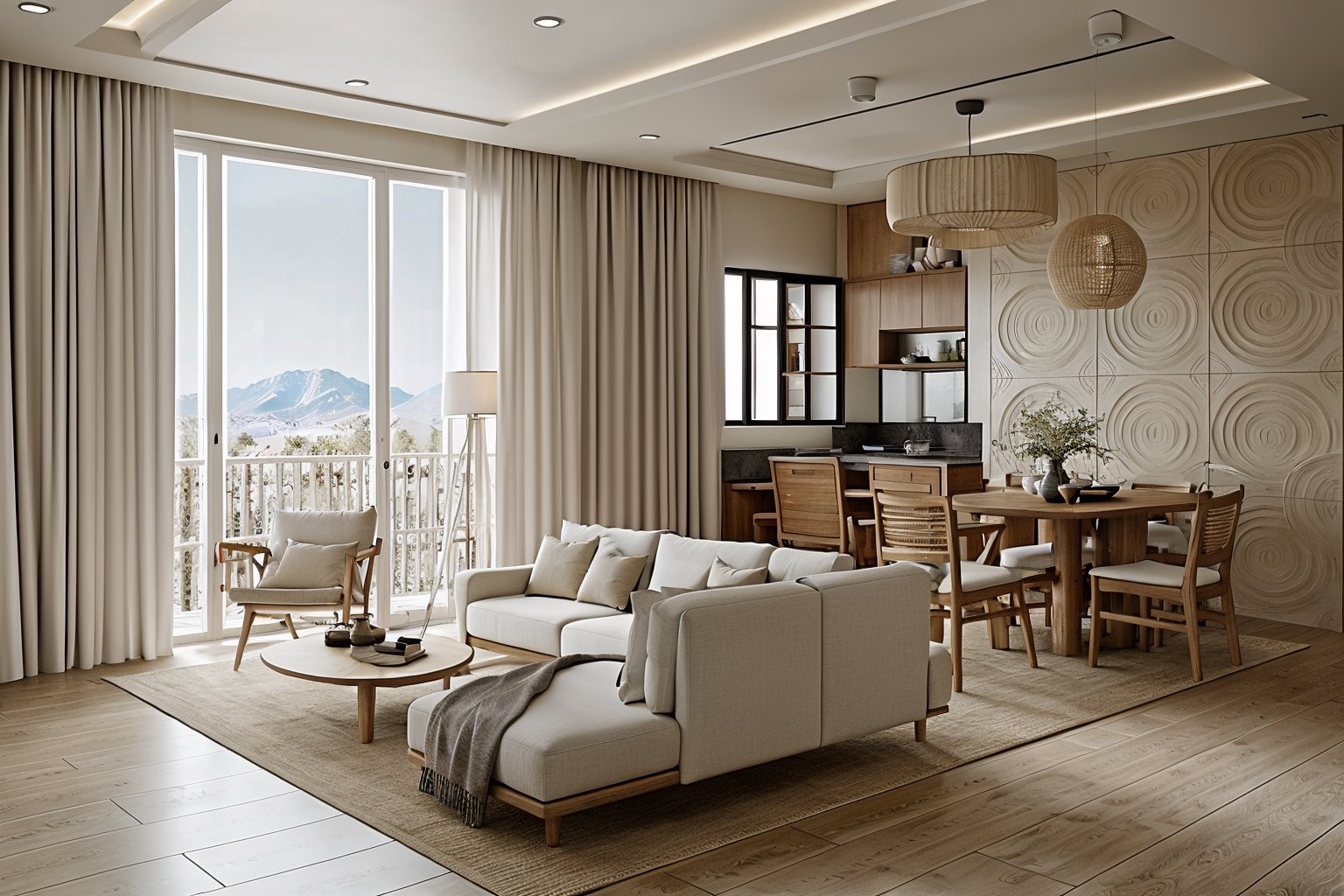 RAW photo, wabisabi livingroom interior, wabisabi interior style,
sofa, armchair, table, rug, wood floor, drapes,glass window,  exposured wood ceiling, stucco wall,  television, cabinet, flower vase, picture frames, celling fan,
natural light, softlight,
 8k uhd, dslr, soft lighting, high quality, film grain, Fujifilm XT3 ,