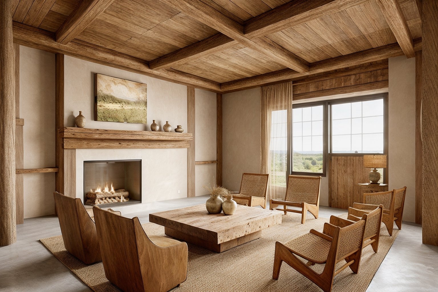 wabi-sabi livingroom interior, wabi-sabi interior style, design tends to be minimalist, (muted tones of beige, gray, brown, and green), calming and natural atmosphere, (earthy color palette), ((rough-hewn wood)), handmade textiles,natural fabrics, sofa, armchair, table, rug, wood floor, drapes,glass window, rough-hewn wood ceiling, rough-hewn wall, television, rough-hewn wood cabinet, flower vase, picture frames, antique furniture and decor items, natural light, softlight,