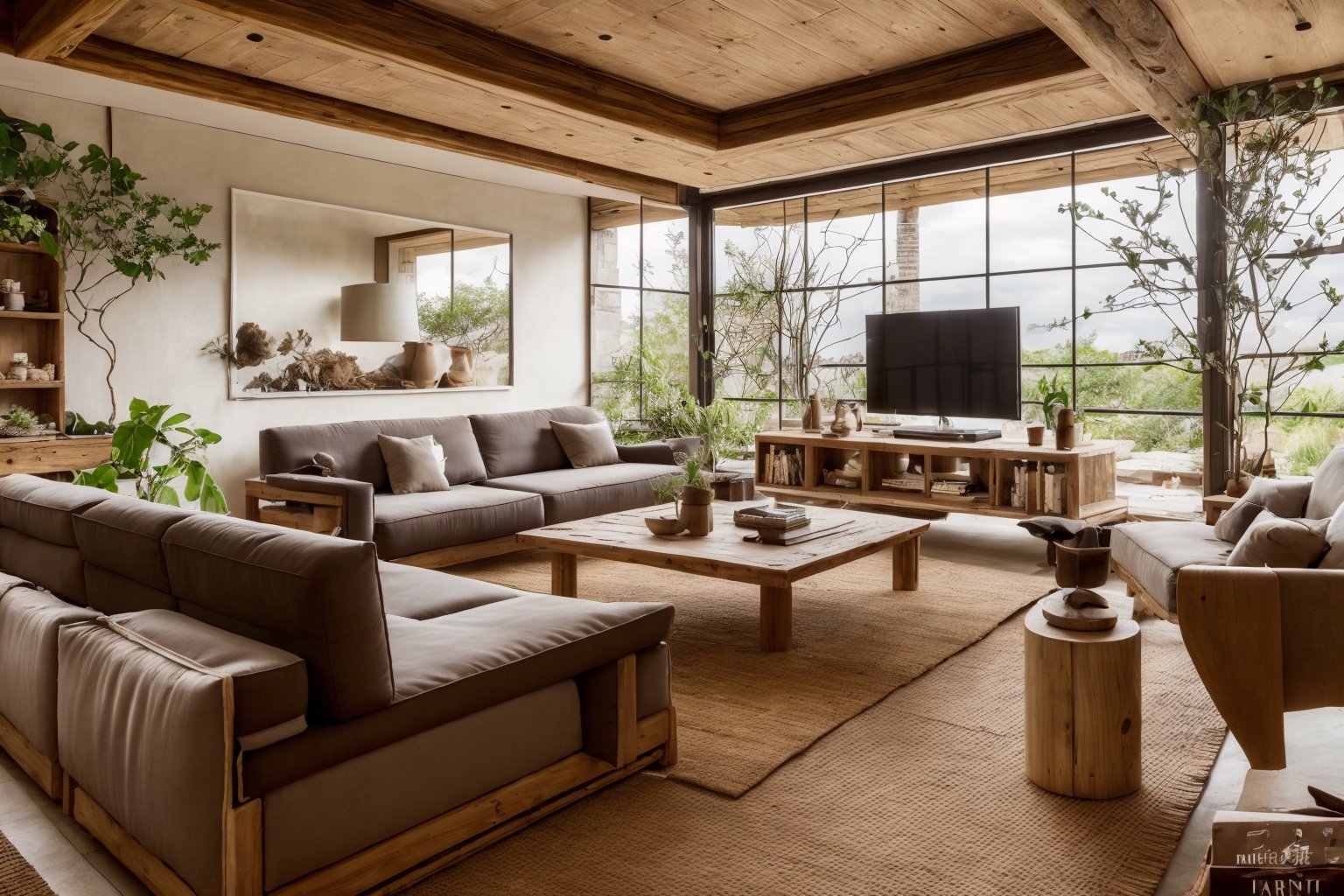 wabi sabi livingroom interior, large glass window, garden outside, dinning table and chair, couch, rough-hewn wood coffee table, day light, natural light, low contrast, potted plant, tv, tv cabinet, bookshelf, books, drape