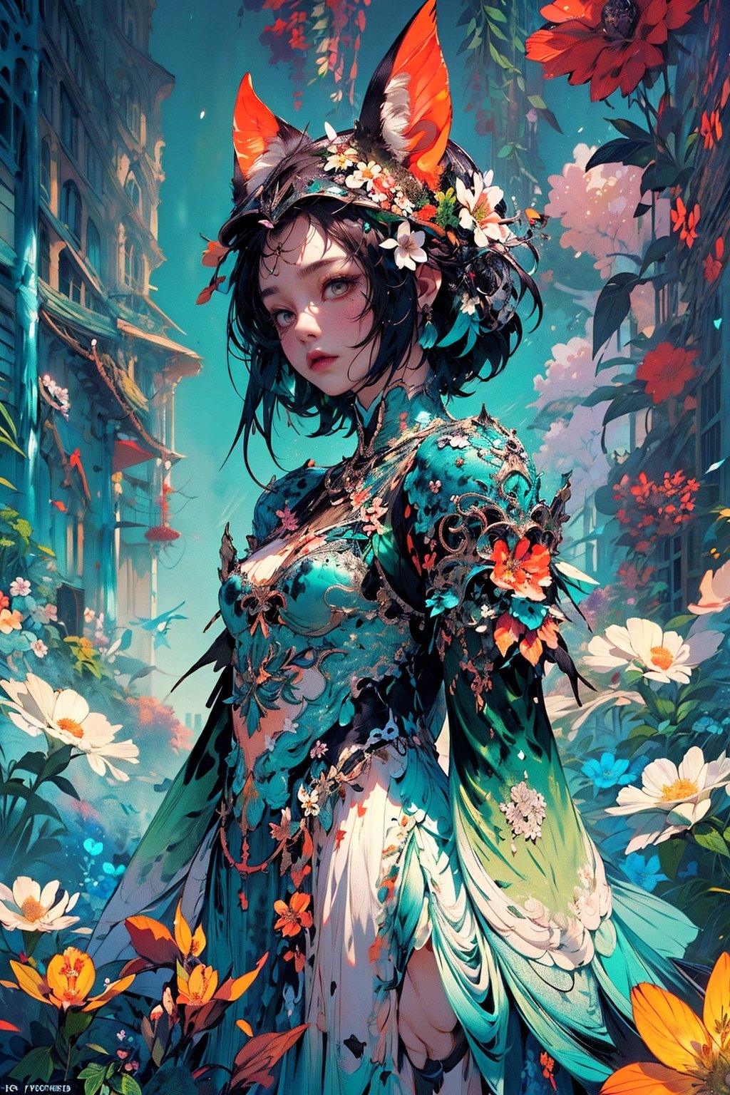 woman, flower dress, colorful, darl background,flower armor,green theme,exposure blend, medium shot, bokeh, (hdr:1.4), high contrast, (cinematic, teal and orange:0.85), (muted colors, dim colors, soothing tones:1.3), low saturation,Animal ear