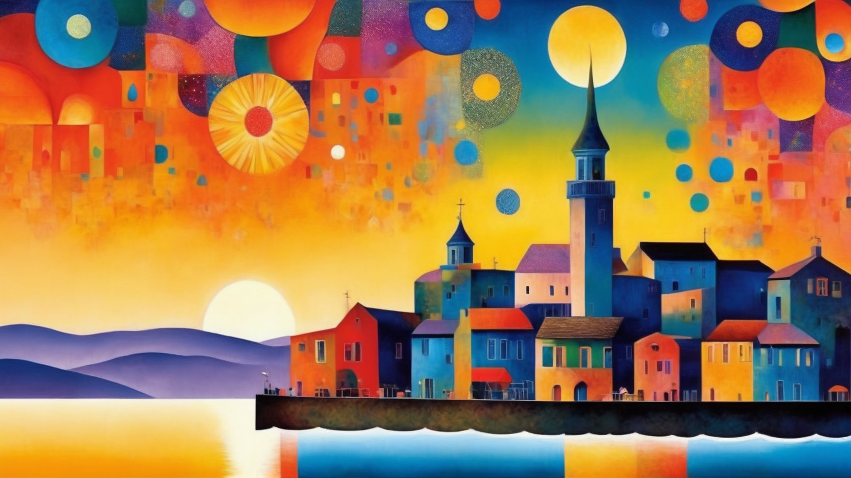 oil painting concept art, vibrant color, 

The Southern Star Atlas, (Teppei Sasakura style:1.5),  (Pointillism:1.3), (papercutting:1.2), cutout picture, (HDR:1.4), high contrast, 

blue midnight, shining stars, crescent moon, Create a whimsical and vibrant port townscape with colorful, fantastical buildings,flower in front of buildings shore of a port town, The color palette should include vibrant colors with contrasting highlights and shadows to give depth, The brushwork is smooth with clean lines for the buildings and more fluid strokes for the sky and water reflections, The overall art style evoke elements of surrealism mixed with folk art, Draw inspiration from artists like Marc Chagall for dreamlike scenes and Joan Miró for bold colors and shapes, snset, shining crescent moon,

a image for a póster of psytrance festival, contains fractals, spiritual composition, the imagen evoke happiness and energy. the imagen contains organic textures and surreal composition. some parts of the image evoke a las trip,