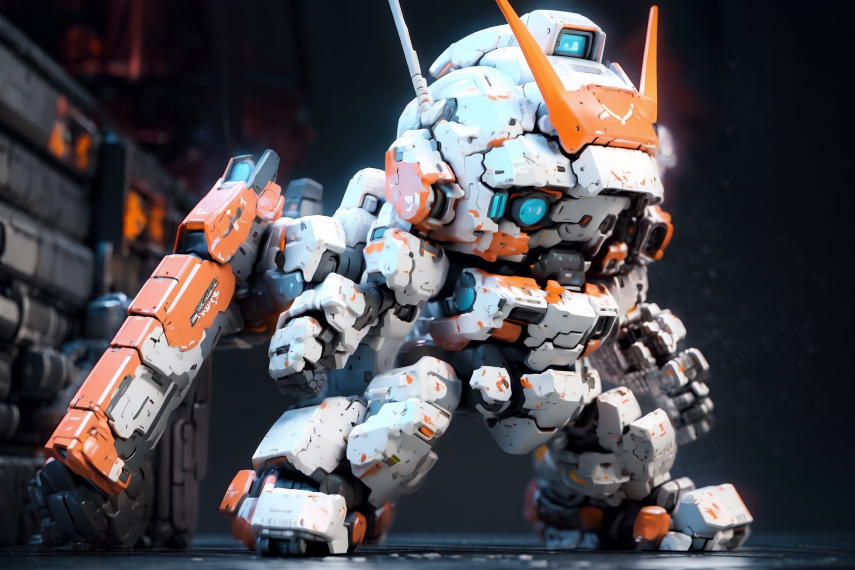 (best quality, masterpiece, ultra detailed, ultra high res, photorealistic, raw photo, absurdres, absolutely resolution:1.3), strong contrast, high level of detail, 16k wallpaper, concept art, high level of detail, strong contrast,   BJ_Cute_Mech, 1 mech, solo, perfect chibi full body mech, mech in distance, mechanical face, mech face in detail, huge mechanical head in detail, hard surface face, two huge jade eyes like camera lends, holding, standing, perfect chibi full body, extremely small torso, weapon, chibi, holding_weapon, gun, blush_stickers, helmet, holding_gun, android, joints, robot_joints, orange rivet on joints, hard surface, heavy armored mech, 1 bipedal mech, the mech is white and orange in color, it has a round head and a triangular visor, the mech’s head is small, the mech’s head is integrated with the mech’s body, no neck, The mech’s body is a white oval-shaped box, the box is connected to the mech’s head and shoulders, the box has an orange line on the front, the line separates the mech’s chest and abdomen, the box has an orange circular part on the side, the part separates the mech’s waist and abdomen, steampunk battle field background, depths of deep field, 