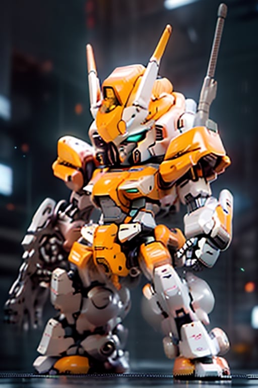 Best quality,masterpiece, strong contrast, high level of detail,Best quality,masterpiece, 16k wallpaper, concept art, high level of detail, strong contrast,

BJ_Cute_Mech,1 mech, solo, perfect chibi full body mech, mech in distance , mechanical face, mech face in detail, hard surface face, huge jade eyes like camera lends, holding, standing, perfect chibi full body, weapon, chibi, holding_weapon, gun,blush_stickers, helmet,holding_gun, android, joints, robot_joints, orange rivet on joints, hard surface, heavy armored mech, 1 bipedal mech, the mech is white and orange in color, it has a round head and a triangular visor, the mech’s head is small, the mech’s head is integrated with the mech’s body, no neck,  The mech’s body is a white oval-shaped box, the box is connected to the mech’s head and shoulders, the box has an orange line on the front, the line separates the mech’s chest and abdomen, the box has an orange circular part on the side, the part separates the mech’s waist and abdomen, 

steampunk battle field  background, depths of deep field,

cinematic lighting, , BJ_Gundam,mecha,engineering map,QRobot,zzmckzz,bodysuit,baimecha,BJ_Gundam