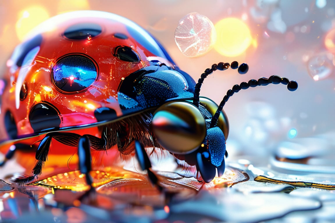 A shining Ladybug with a cybernetic crystal shell,  crawling over a luminous,  Whimsical Macro shot of a whimsical Japanes...