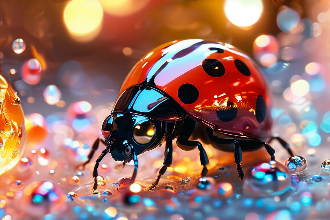 A shining Ladybug with a cybernetic crystal shell,  crawling over a luminous,  Whimsical Macro shot of a whimsical Japanes...